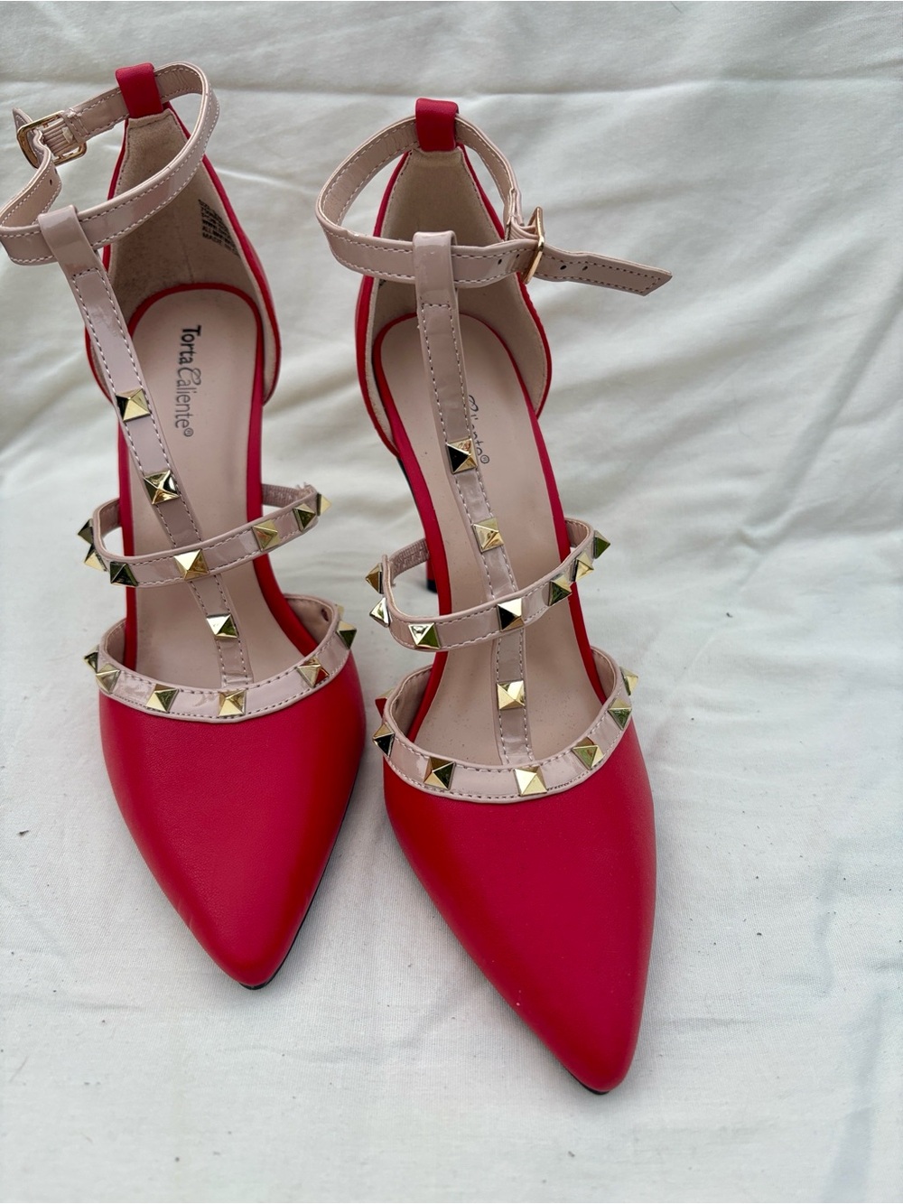 Women’s Red Pointed T-Strap Heels with Blush Studded Straps